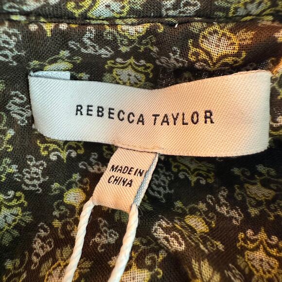 NWT Rebecca Taylor Womens Feather Fleur Print Ruched Neck Peasant Brown Shirt 0 - Picture 12 of 14